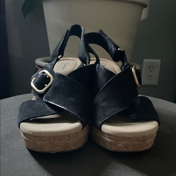 Clarks Giselle Black Women's 9 Wedge Cork Sandal Suede Buckle - Picture 4 of 8